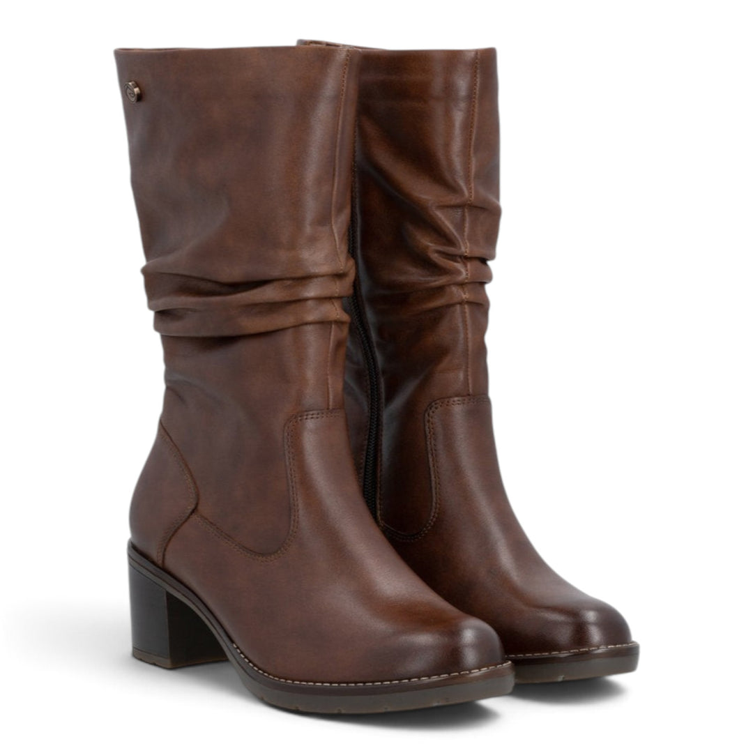 ada-shoes.ro Remonte brown leather mid-calf boots with a block heel and side zipper for women