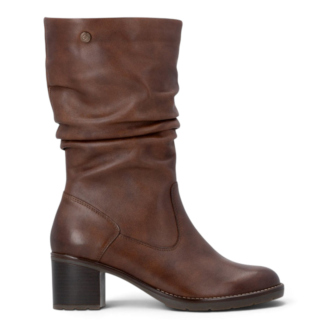 ada-shoes.ro Remonte brown leather mid-calf boots with a block heel and ruched shaft design