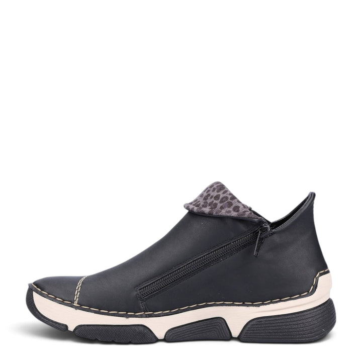 ada-shoes.ro Rieker black faux leather ankle boots with side zipper, felt lining, and leopard print collar detail.