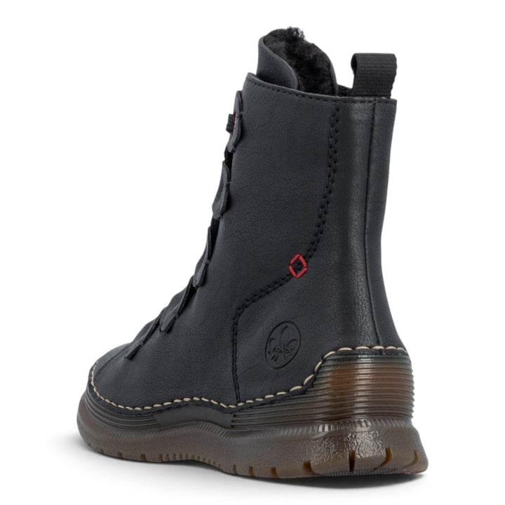 ada-shoes.ro Rieker black synthetic leather ankle boots with warm lining, laces, zipper, and flexible TR sole