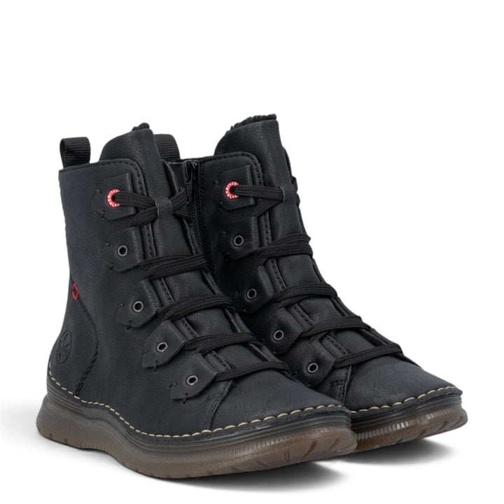 ada-shoes.ro Rieker black synthetic leather ankle boots with laces, side zipper, and warm lining for winter.
