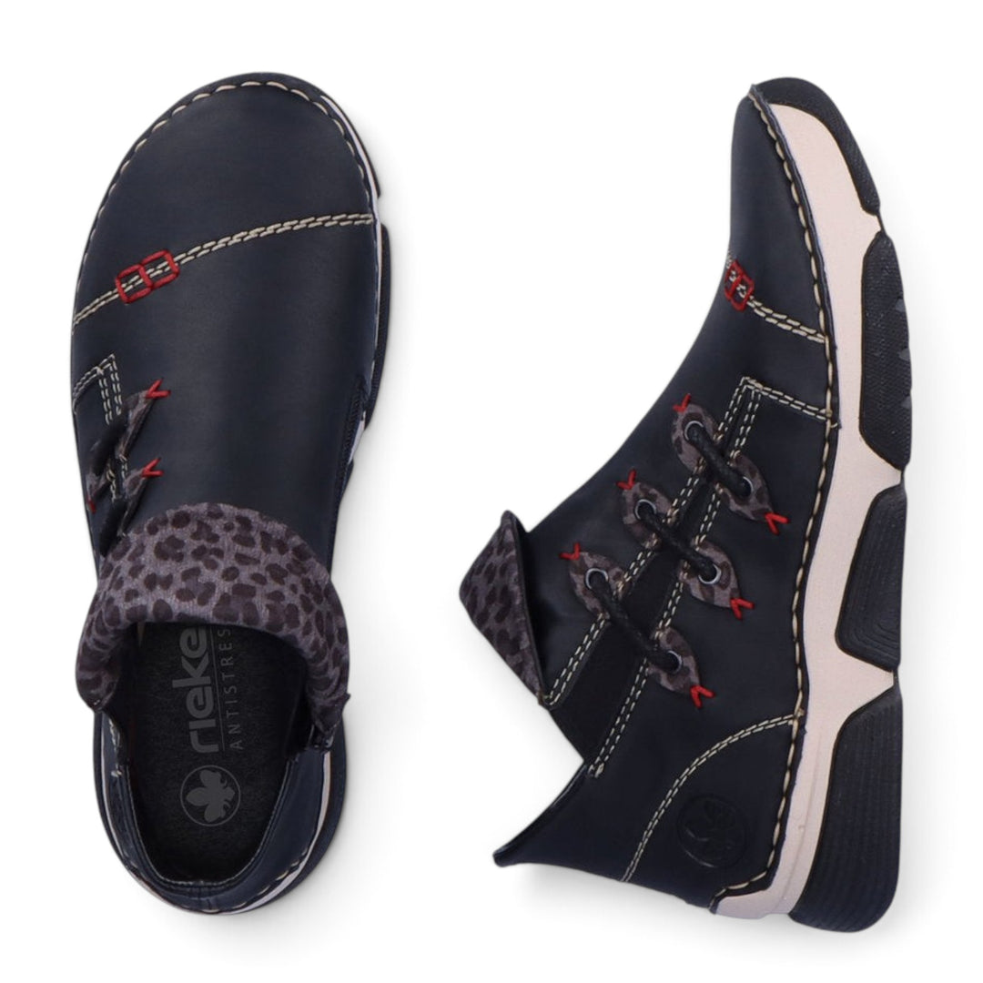 ada-shoes.ro Rieker black faux leather ankle boots with leopard print collar, side zipper, and round toe.