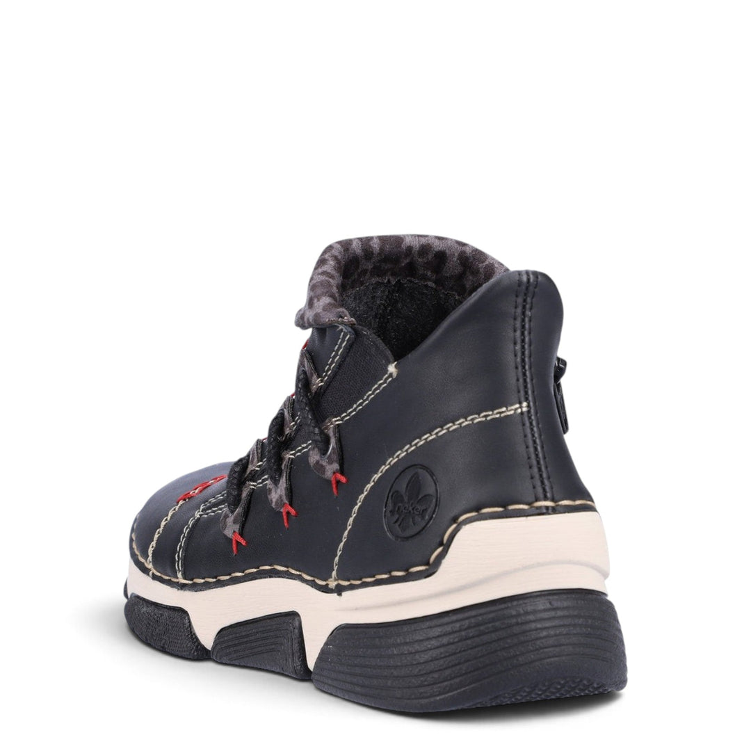 ada-shoes.ro Rieker black faux leather ankle boots with felt lining, round toe, and side zipper for casual wear.