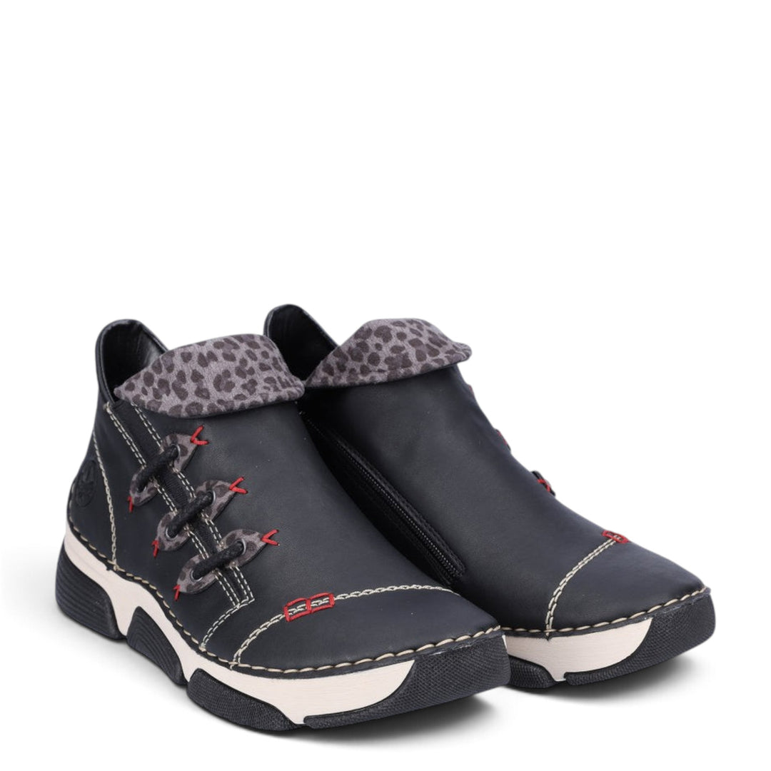 ada-shoes.ro Rieker black faux leather ankle boots with leopard print collar, side zipper, and cushioned sole.