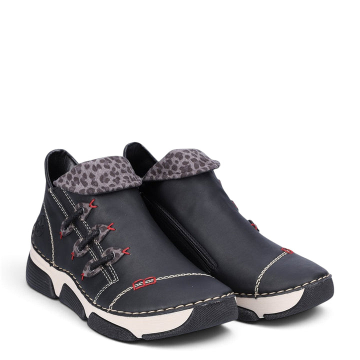 ada-shoes.ro Rieker black faux leather ankle boots with leopard print collar, side zipper, and cushioned sole.
