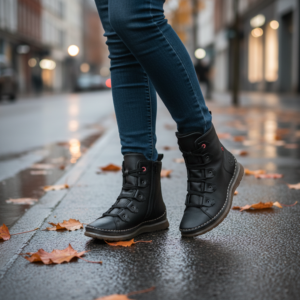 ada-shoes.ro Rieker black synthetic leather ankle boots with laces and side zippers, worn on a wet autumn street.