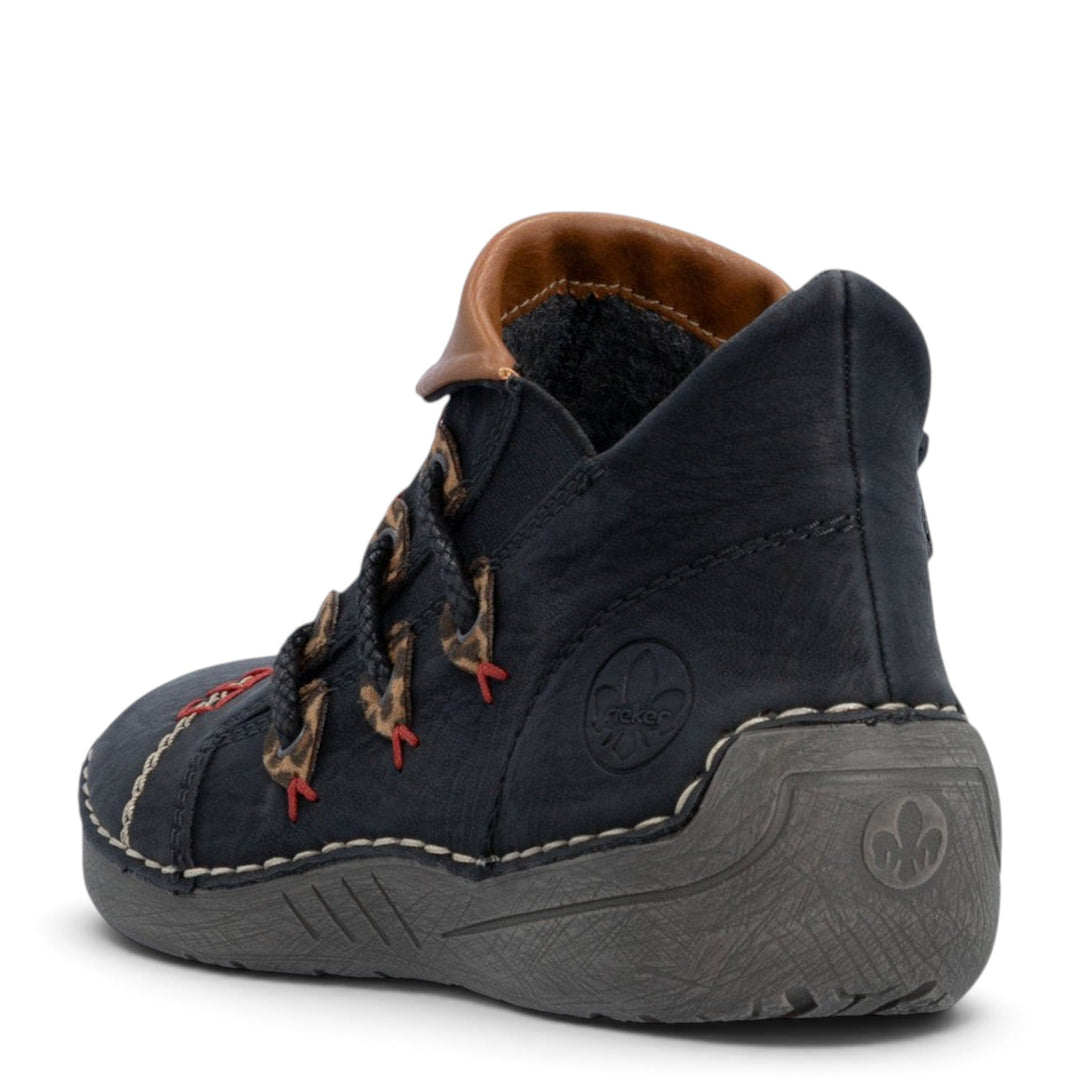 ada-shoes.ro Rieker black ankle boots with leopard print accents, side zipper, and durable textured sole