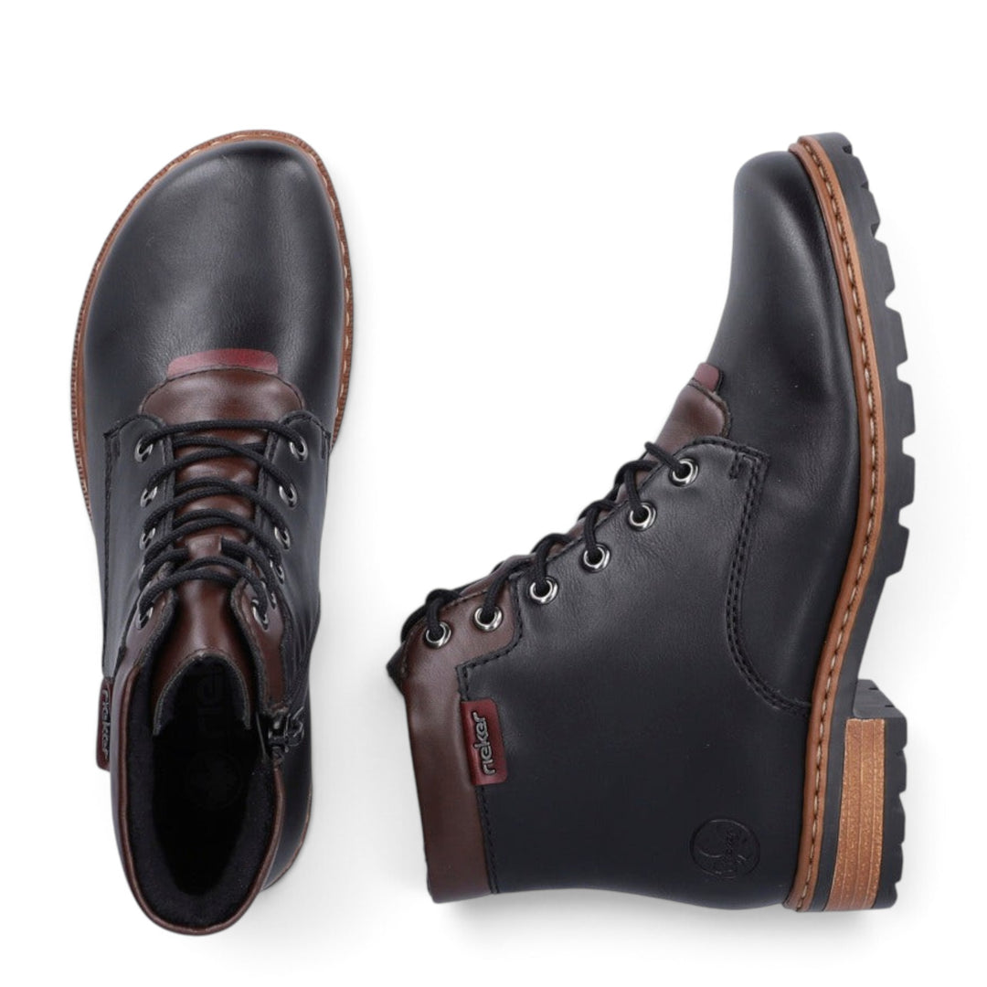 ada-shoes.ro Rieker Z9340-00 black faux leather ankle boots with brown accents, side zipper, and robust lug sole.