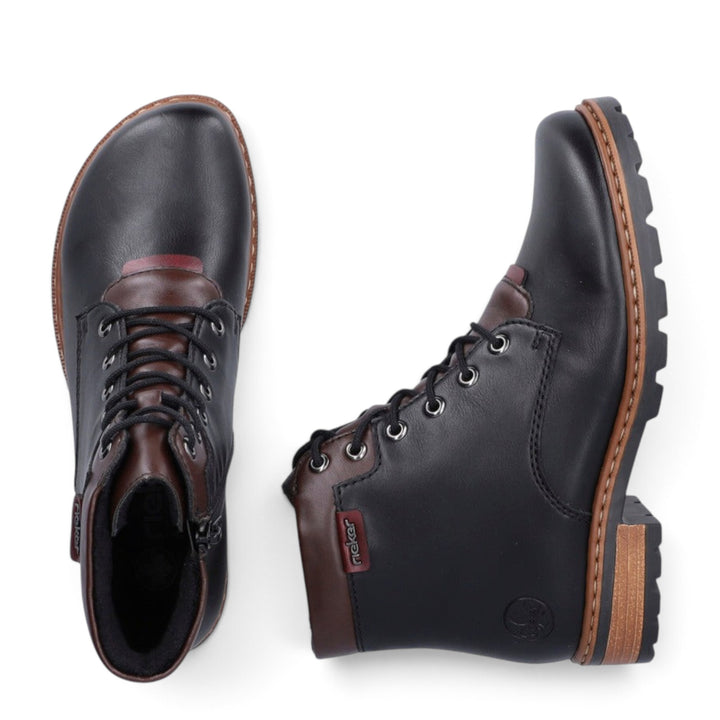 ada-shoes.ro Rieker Z9340-00 black faux leather ankle boots with brown accents, side zipper, and robust lug sole.
