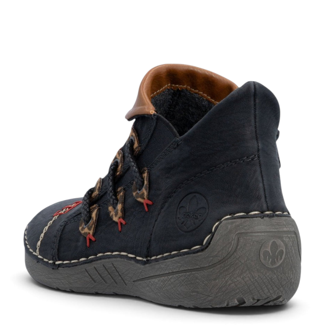 ada-shoes.ro Rieker black ankle boots with leopard print accents, side zipper, and durable textured sole