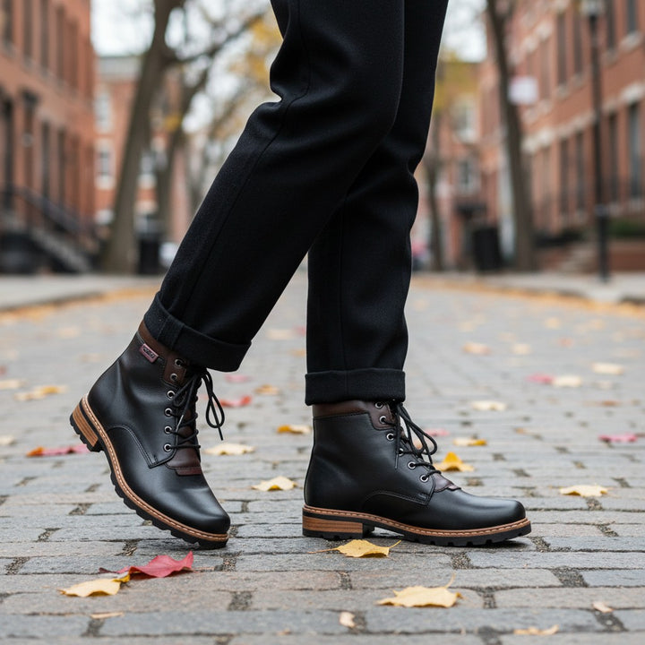ada-shoes.ro Rieker black faux leather ankle boots with brown accents, lace-up closure, and robust sole on city street
