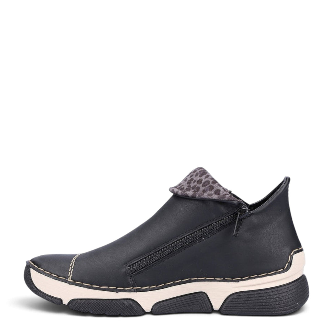 ada-shoes.ro Rieker black faux leather ankle boots with side zipper, felt lining, and leopard print collar detail.