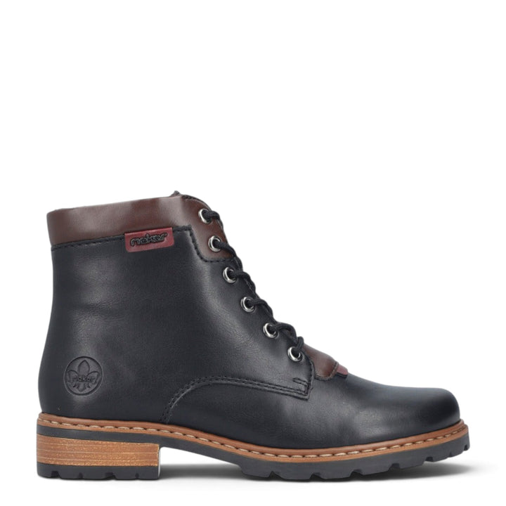 ada-shoes.ro Rieker black faux leather ankle boots with brown accents, lace-up closure, and robust lug sole.