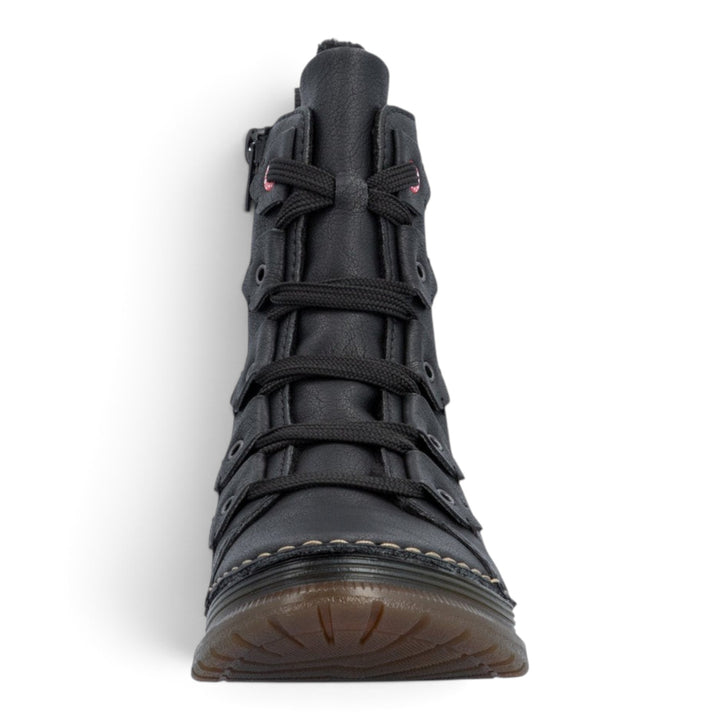 ada-shoes.ro Rieker black synthetic leather ankle boots with laces, side zipper, and durable TR sole for winter.