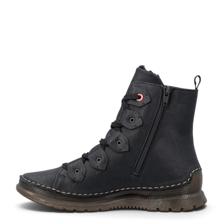 ada-shoes.ro Rieker black synthetic leather ankle boots with side zipper, laces, and warm lining for winter