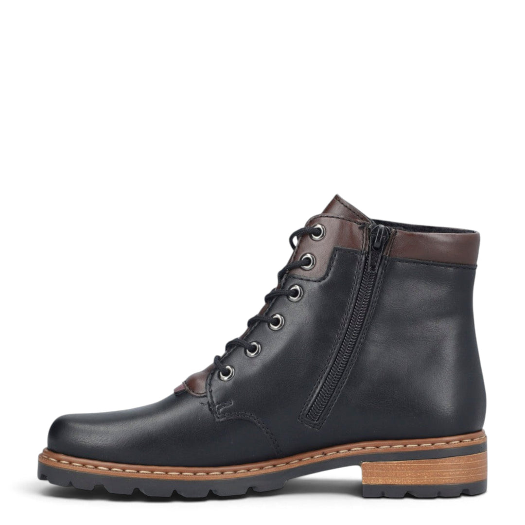 ada-shoes.ro Rieker black faux leather ankle boots with brown accents, side zipper, laces, and a sturdy lug sole.