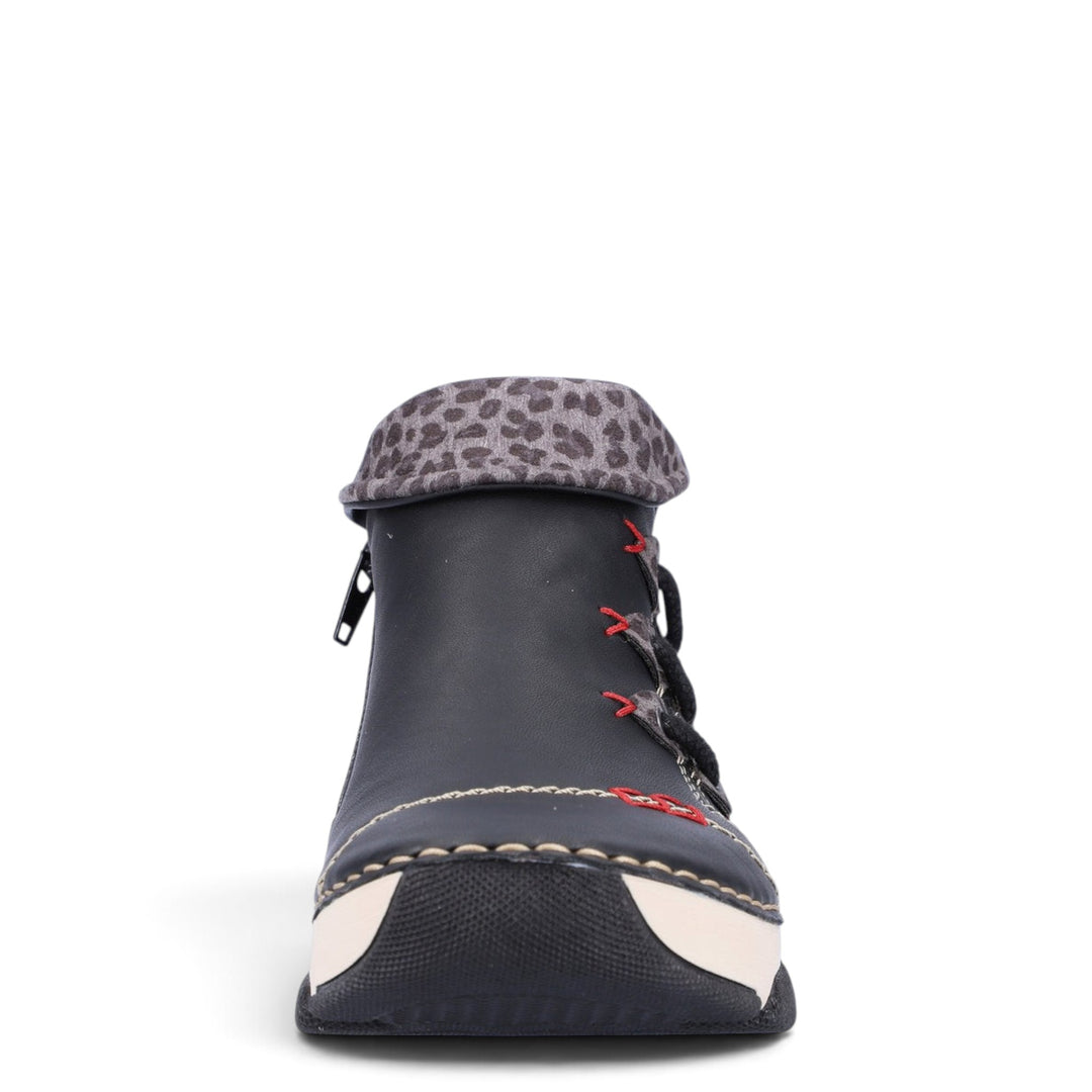 ada-shoes.ro Rieker black faux leather ankle boots with leopard print cuff, side zipper, and round toe front view.