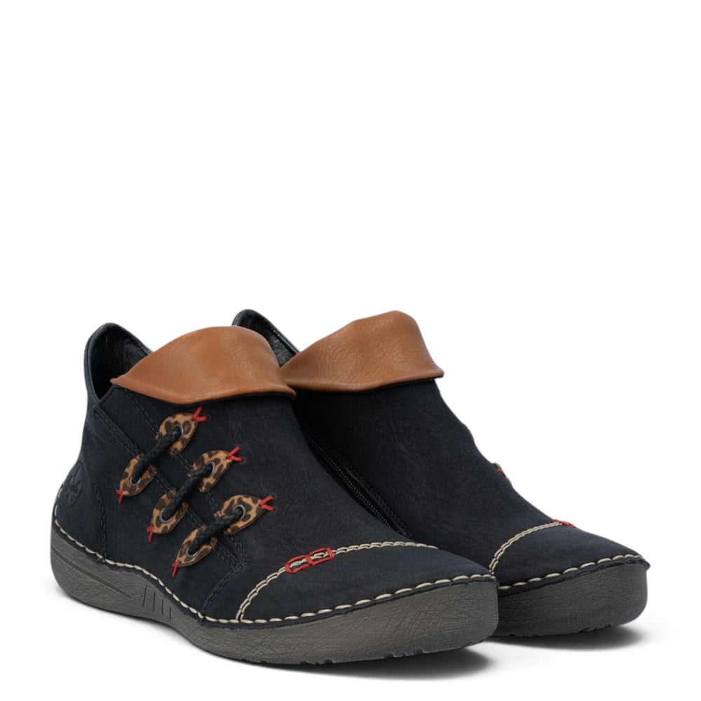 ada-shoes.ro Rieker black ankle boots with brown leather trim, decorative toggle closures, and felt lining.