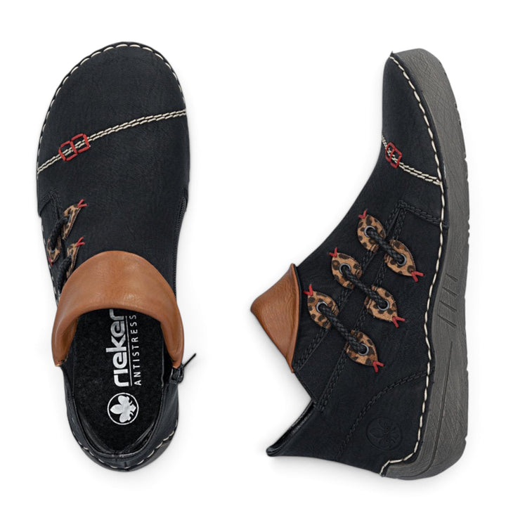 ada-shoes.ro Rieker black ankle boots with leopard print lace details and tan collar, shown from top and side views.