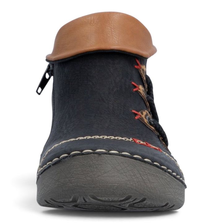 ada-shoes.ro Rieker black ankle boots with brown collar, side zipper, and decorative stitching on a round toe