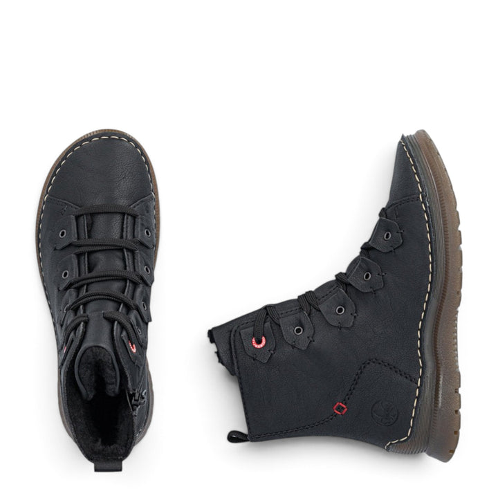 ada-shoes.ro Rieker black synthetic leather ankle boots with warm lining, laces, side zipper, and flexible TR sole.