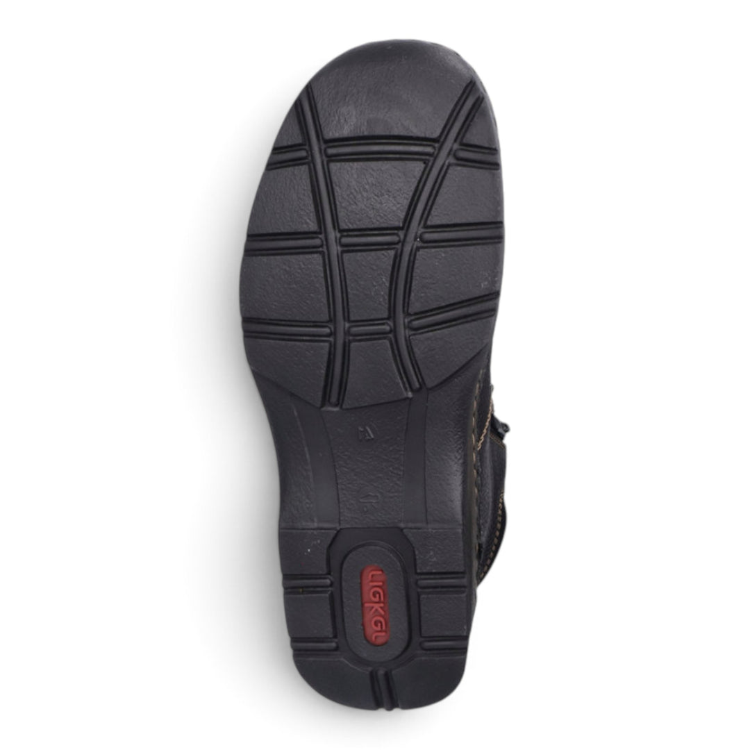 ada-shoes.ro Rieker black casual boot sole with durable tread pattern and red branding detail