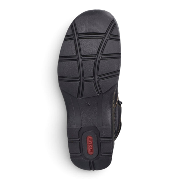 ada-shoes.ro Rieker black casual boot sole with durable tread pattern and red branding detail