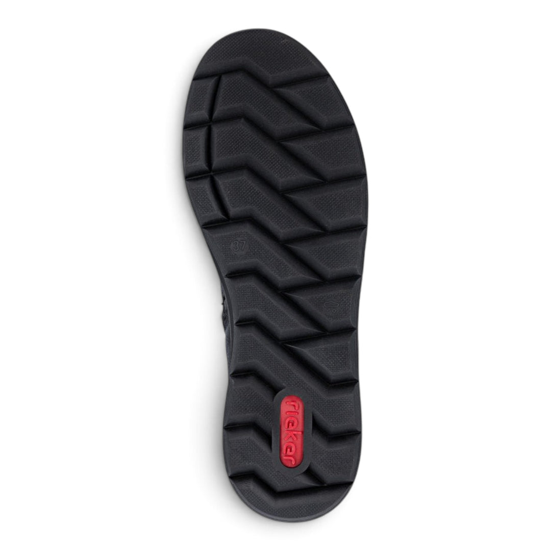 ada-shoes.ro Rieker black boot sole with a rugged tread pattern for traction and a red logo insert