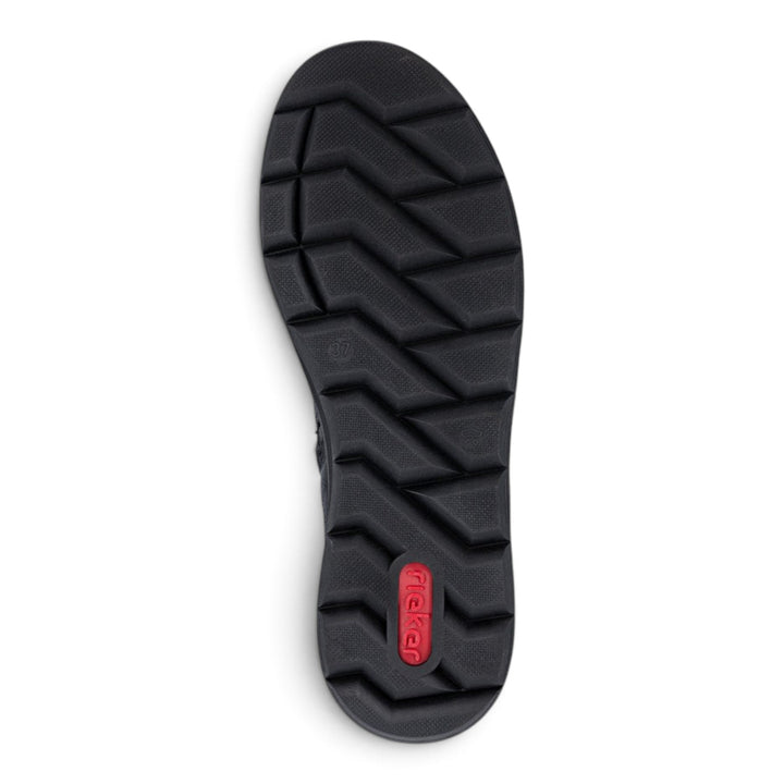 ada-shoes.ro Rieker black boot sole with a rugged tread pattern for traction and a red logo insert