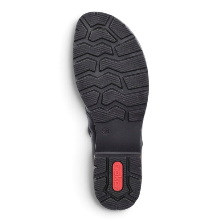 ada-shoes.ro Rieker black boot sole with robust tread pattern and red logo detail for winter traction