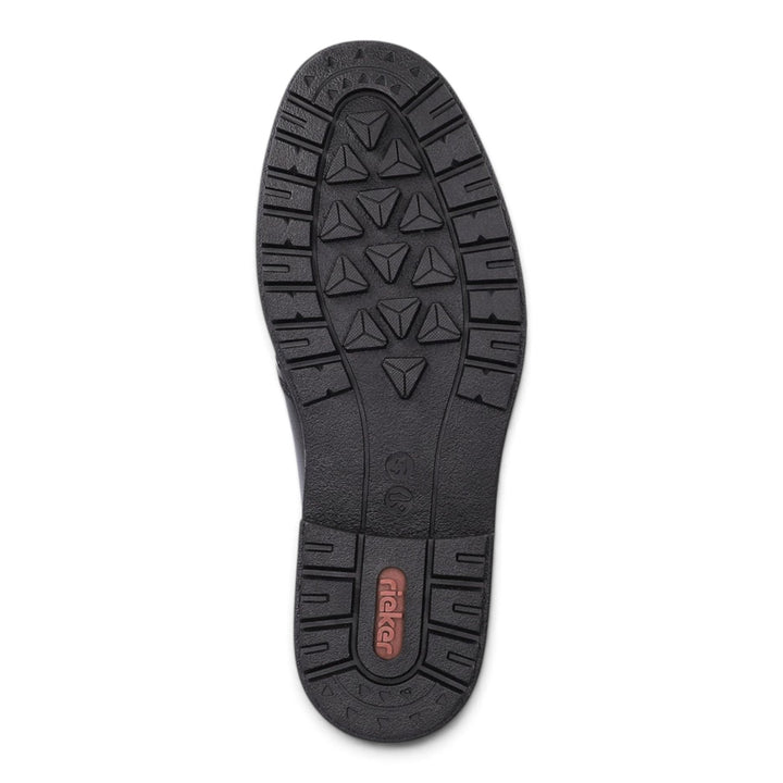 ada-shoes.ro Rieker black boot sole with a rugged tread pattern for traction and a branded heel insert.
