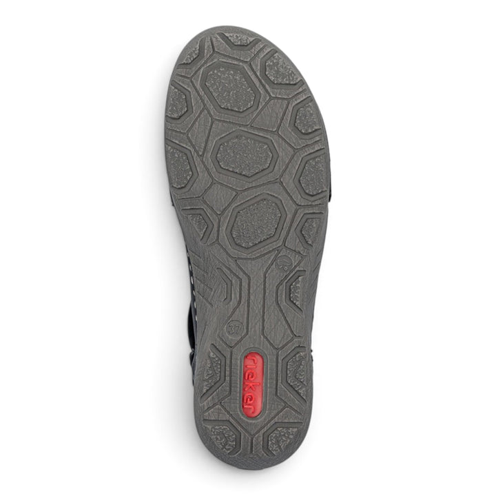 ada-shoes.ro Rieker black ankle boot sole with a textured hexagonal pattern for grip and a red logo insert