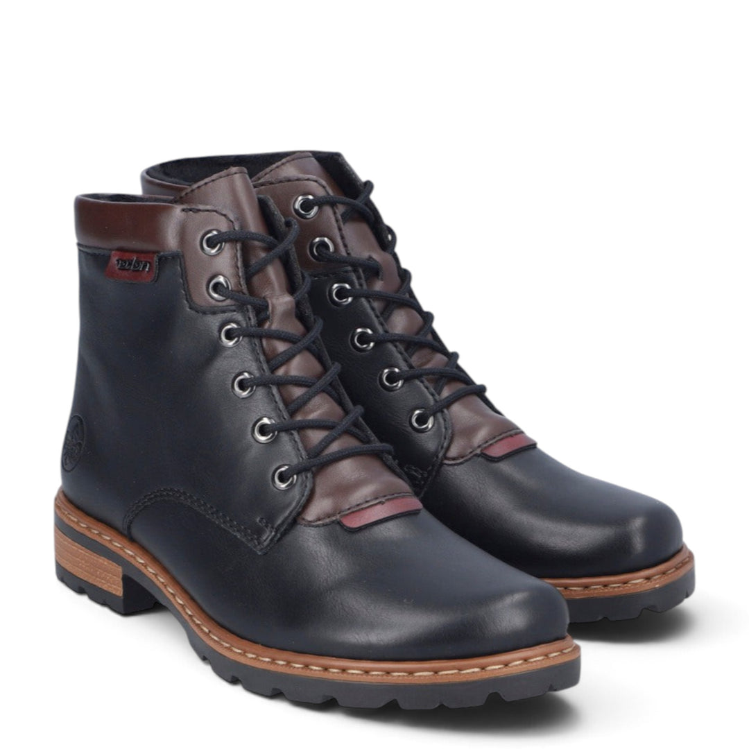 ada-shoes.ro Rieker black faux leather ankle boots with brown accents, lace-up front, and robust lug sole.