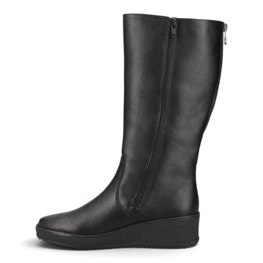 ada-shoes.ro Rieker black faux leather casual boots with wool lining, wedge sole, and adjustable back zipper.