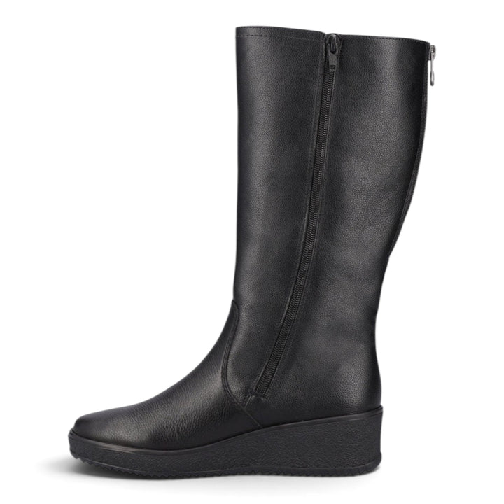 ada-shoes.ro Rieker black faux leather casual boots with wool lining, wedge sole, and adjustable back zipper.