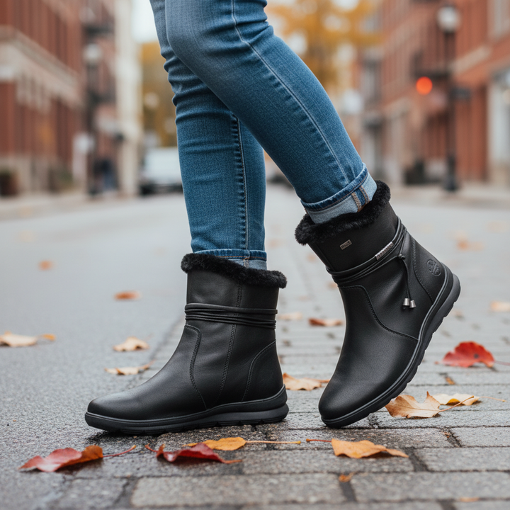 ada-shoes.ro Rieker black casual boots with faux leather exterior and warm wool lining worn on a city street