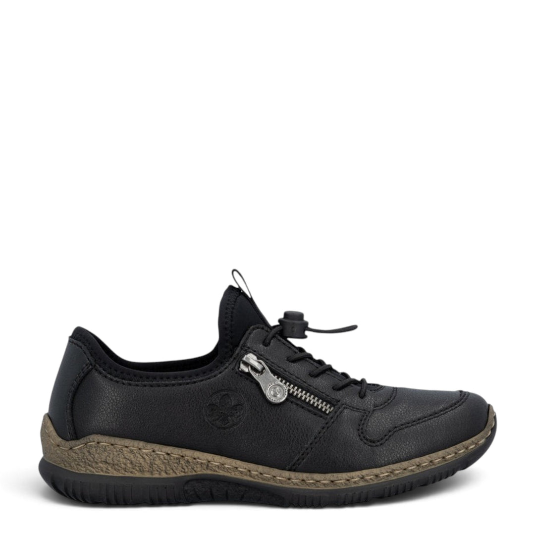 ada-shoes.ro Rieker black slip-on casual shoes made of leather and textile with a side zipper and flexible sole.