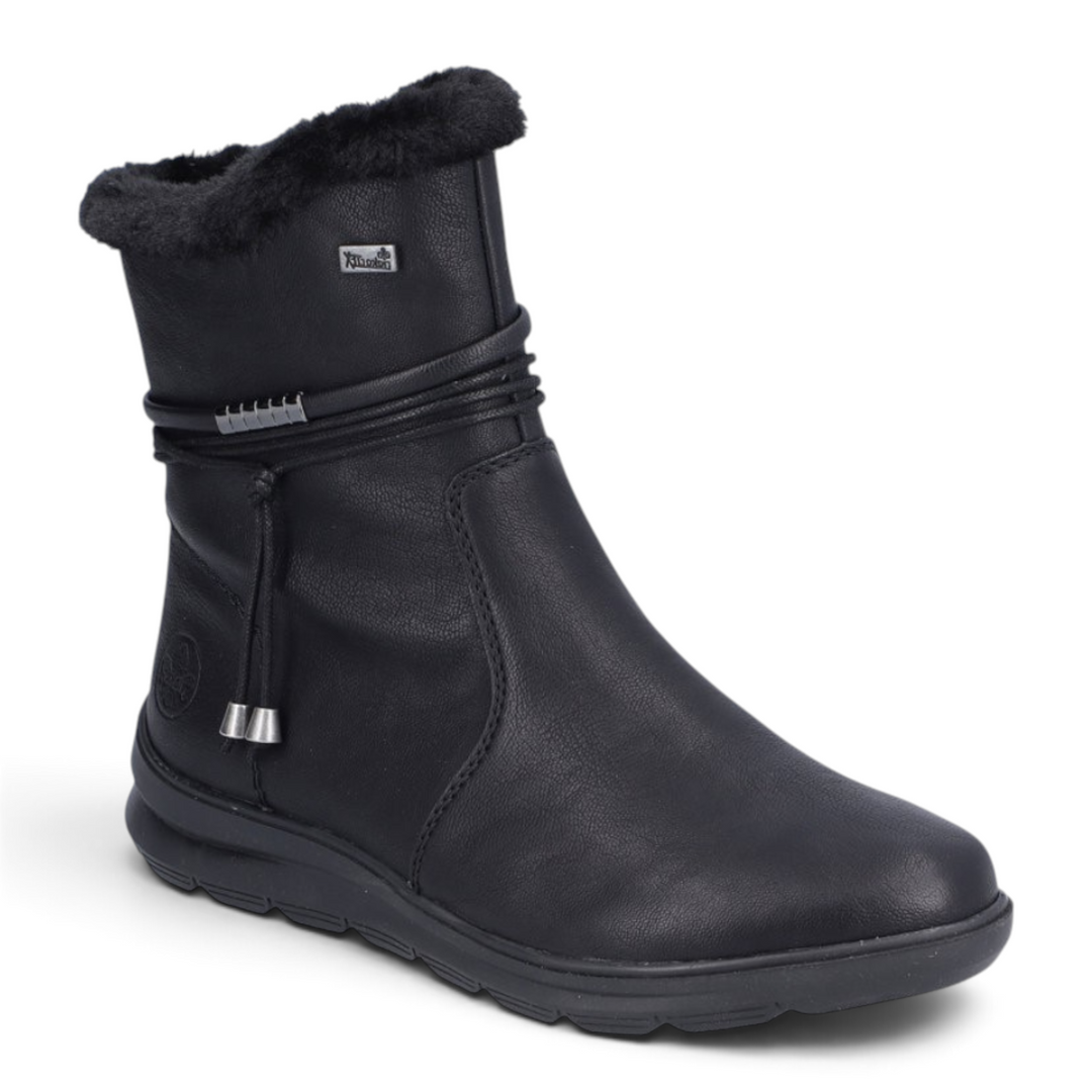 ada-shoes.ro Rieker black faux leather casual ankle boots with natural wool lining and decorative wrap-around cord