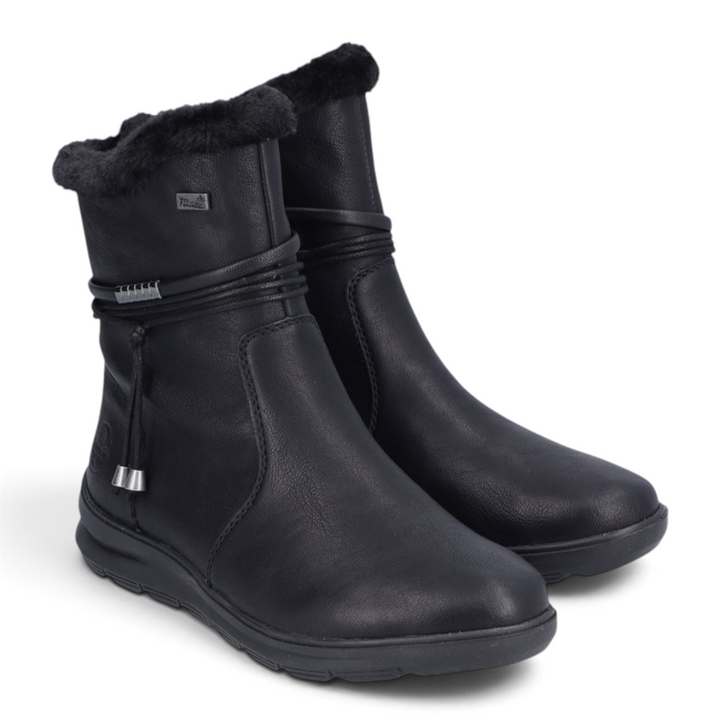 ada-shoes.ro Rieker black faux leather casual ankle boots with natural wool lining and side zipper closure