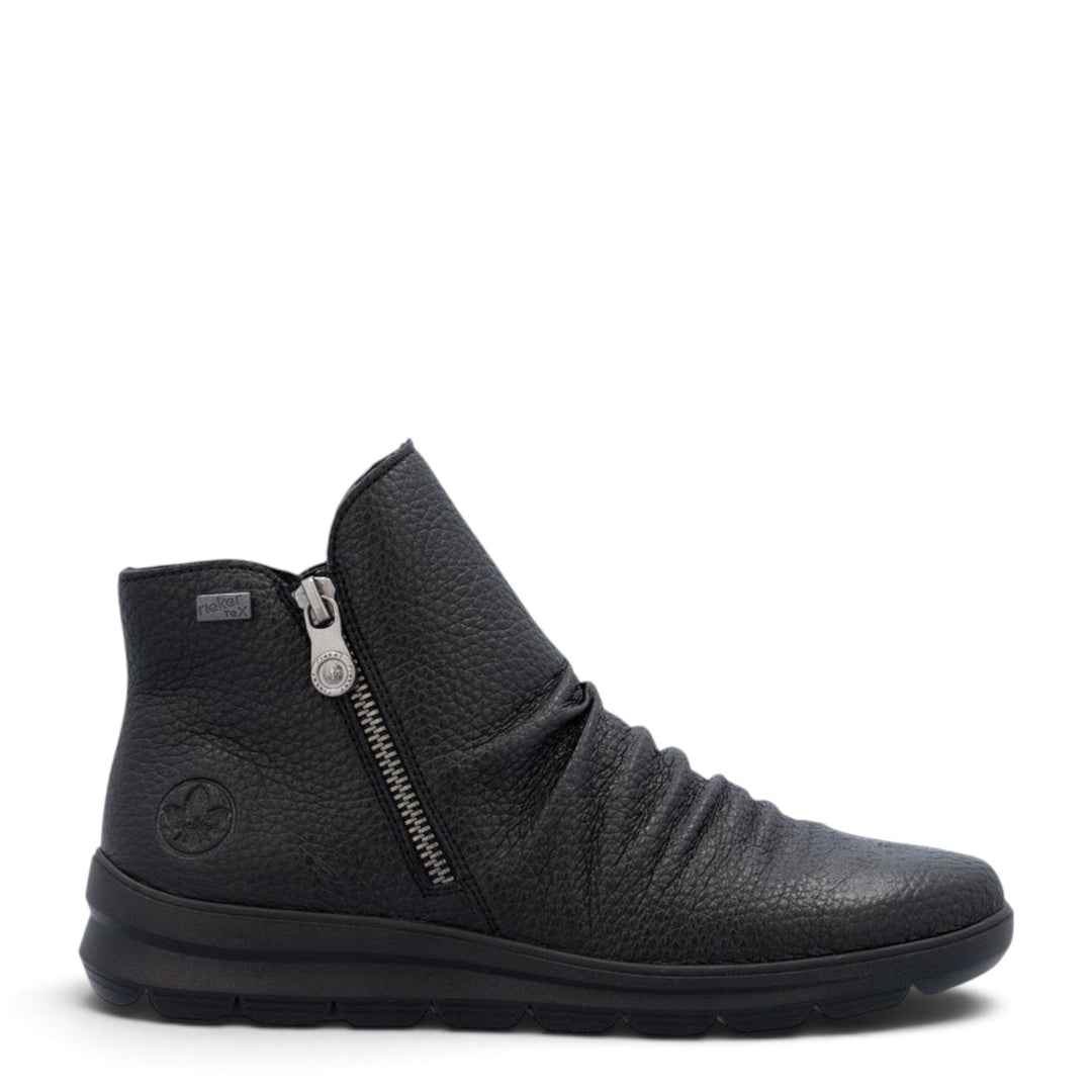 ada-shoes.ro Rieker black leather ankle boots with side zipper, warm lining, and flexible Antistress sole.