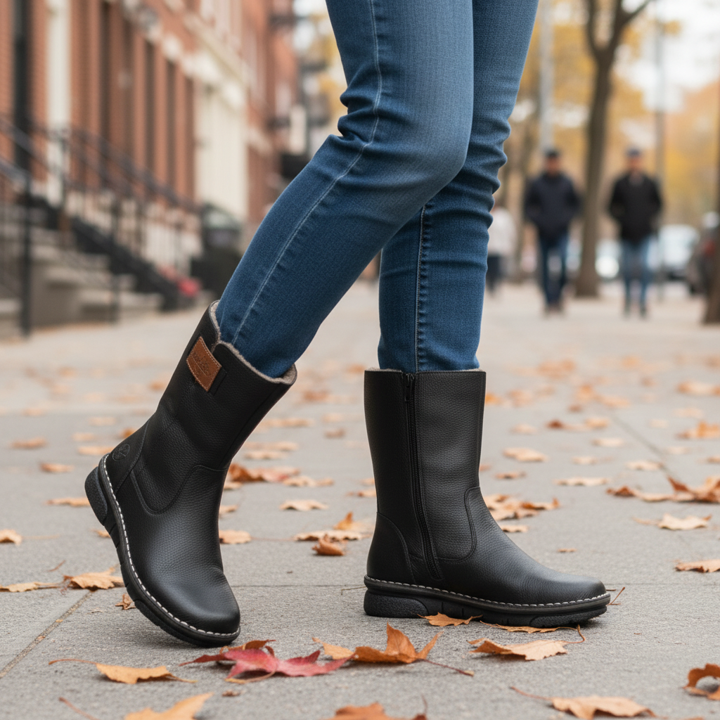 ada-shoes.ro Rieker black leather boots with sheep wool lining and side zipper, worn on a city street in autumn.