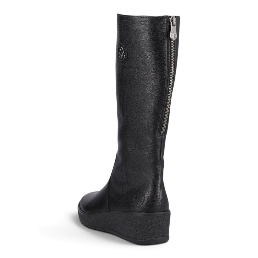ada-shoes.ro Rieker black faux leather knee-high boots with back zipper for adjustable calf width and wool lining