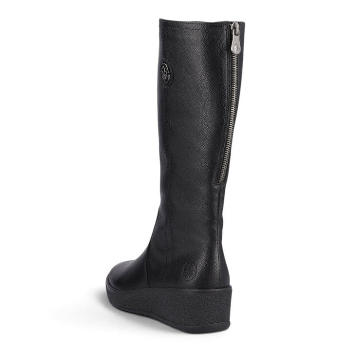 ada-shoes.ro Rieker black faux leather knee-high boots with back zipper for adjustable calf width and wool lining