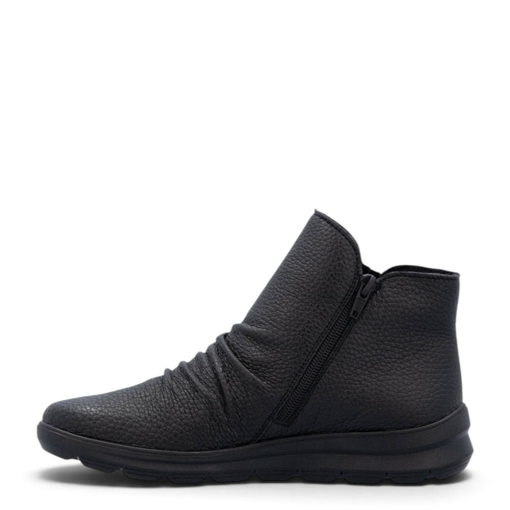 ada-shoes.ro Rieker black leather ankle boots with side zipper, textured finish, and flexible Antistress sole.