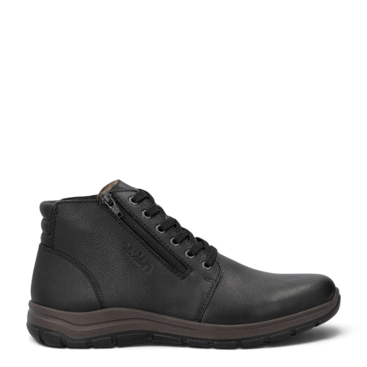 ada-shoes.ro Rieker black leather ankle boots with side zipper, lace-up closure, and warm sheepskin lining.