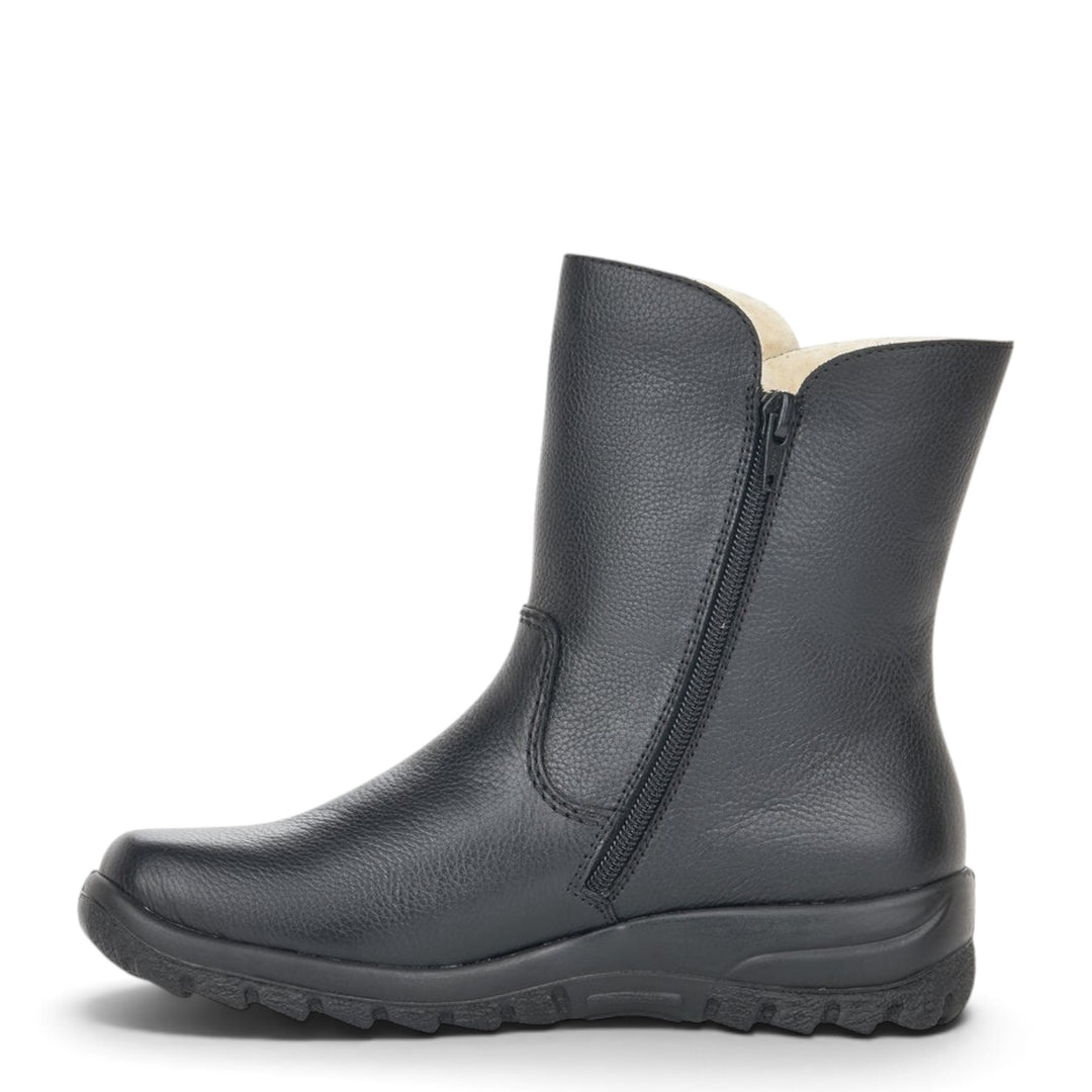 ada-shoes.ro Rieker Antistress black leather ankle boots with wool lining, side zipper, and flexible anatomical sole.