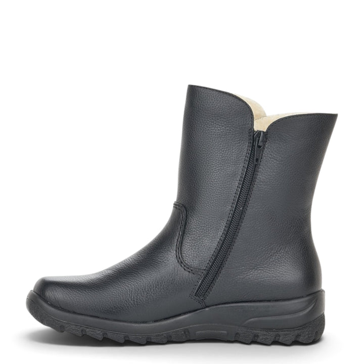 ada-shoes.ro Rieker Antistress black leather ankle boots with wool lining, side zipper, and flexible anatomical sole.