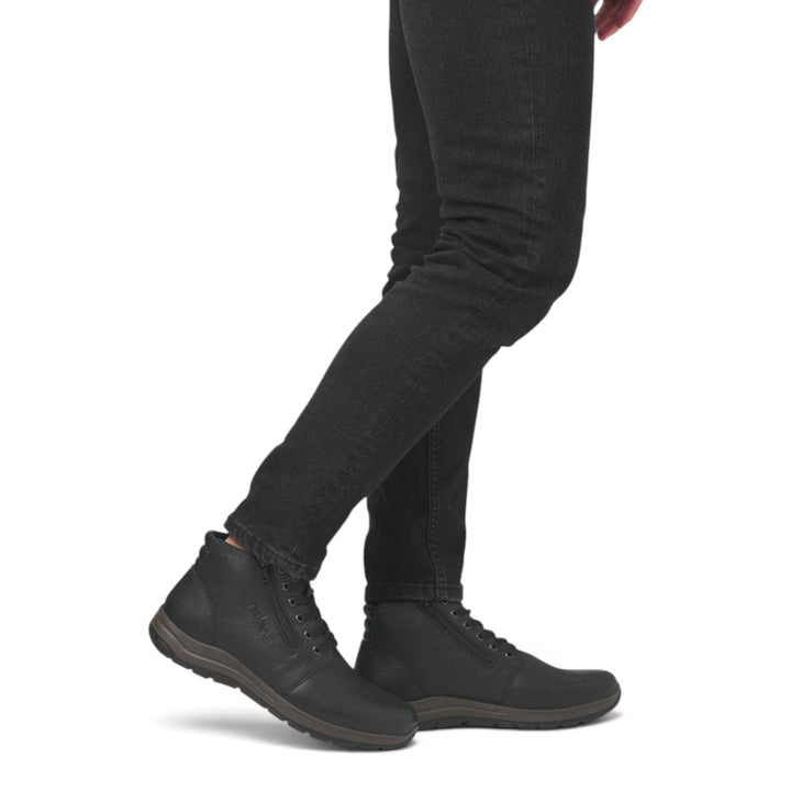 ada-shoes.ro Rieker black leather ankle boots with side zippers and laces worn with black jeans