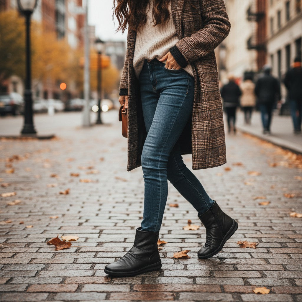 ada-shoes.ro Rieker black leather ankle boots with RiekerTEX membrane worn by a woman on a city street in autumn