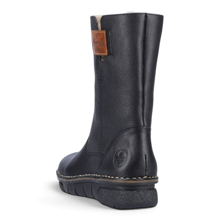ada-shoes.ro Rieker black leather boots with wool lining and back view showing the brand logo patch.